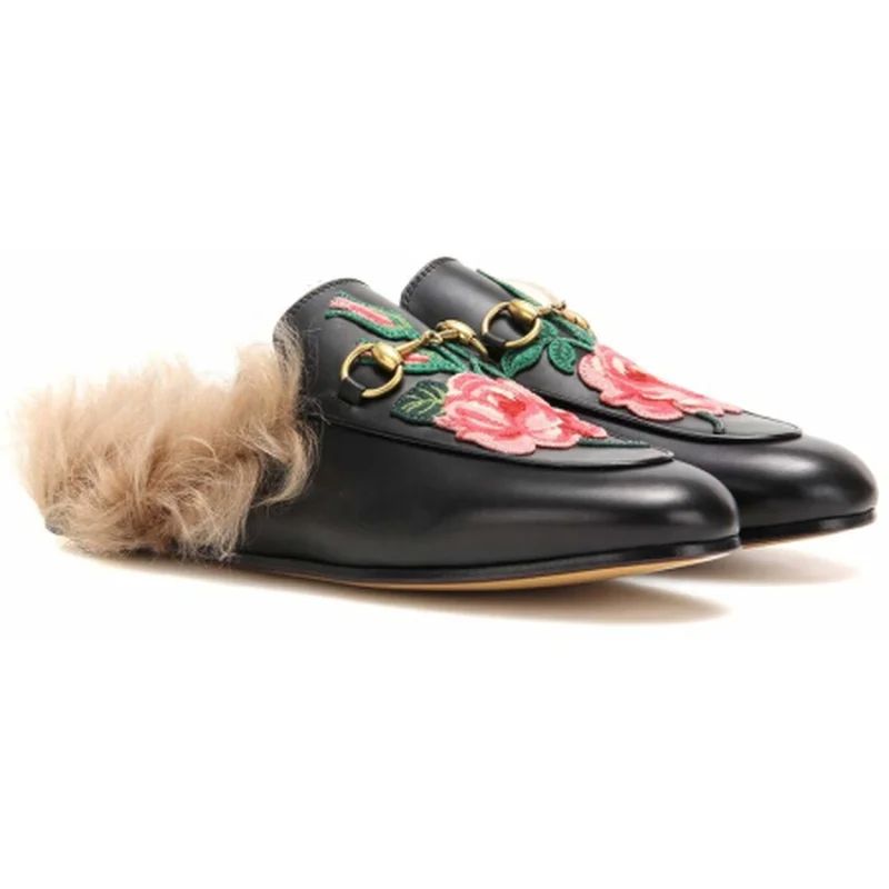 Top Quality AAA Famous Brand Leather Female Flower Slippers Women Shoes Flat Half Wool Shoes 