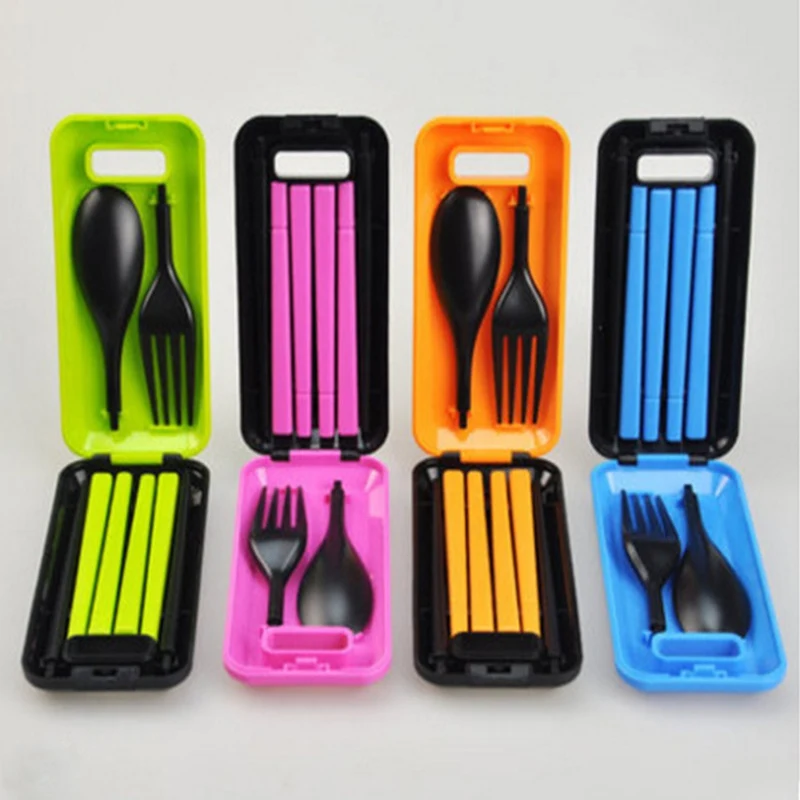 

3 In 1 Folding Dinnerware Cutlery Fork Chopsticks Set With Storage Box Portable Outdoor Camping Traveling Tableware Set