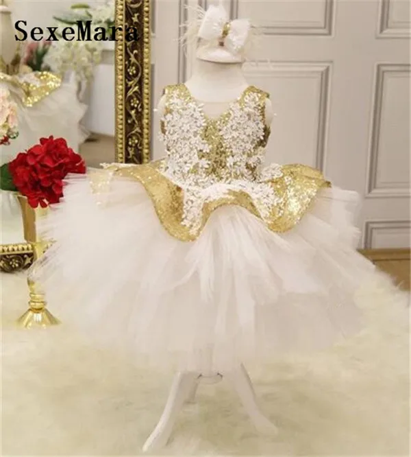

New White laces with gold sequins puffy baby girl birthday dress kid birthday party dresses children pageant gown with headpiece
