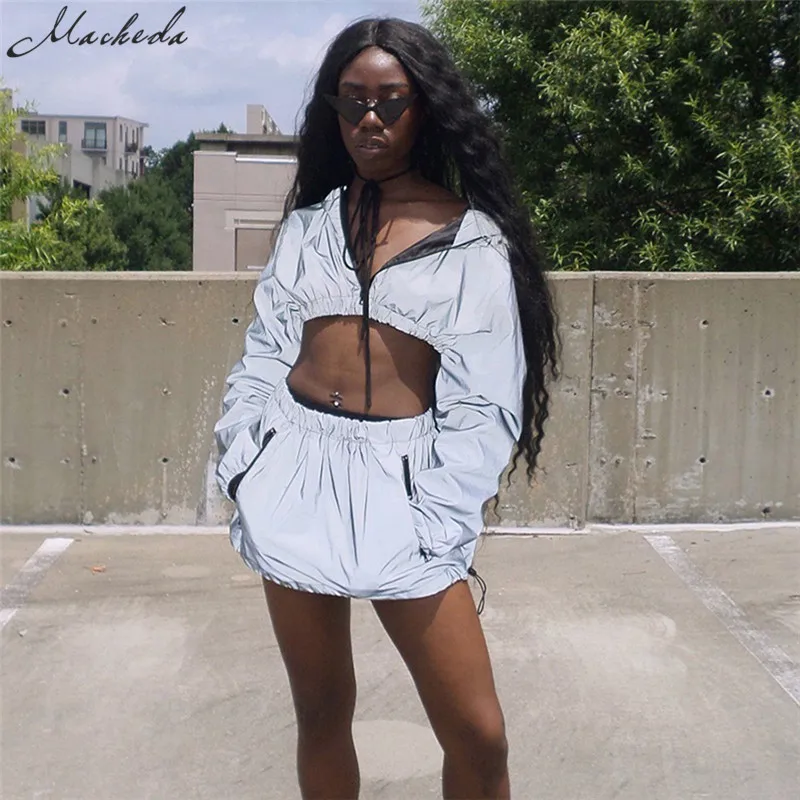 

Macheda Reflective Two Piece Set Short Hooded Pullover Top And Skirt Set Gray 2 Piece Set Women Fashion Skirt Top Outfits Women
