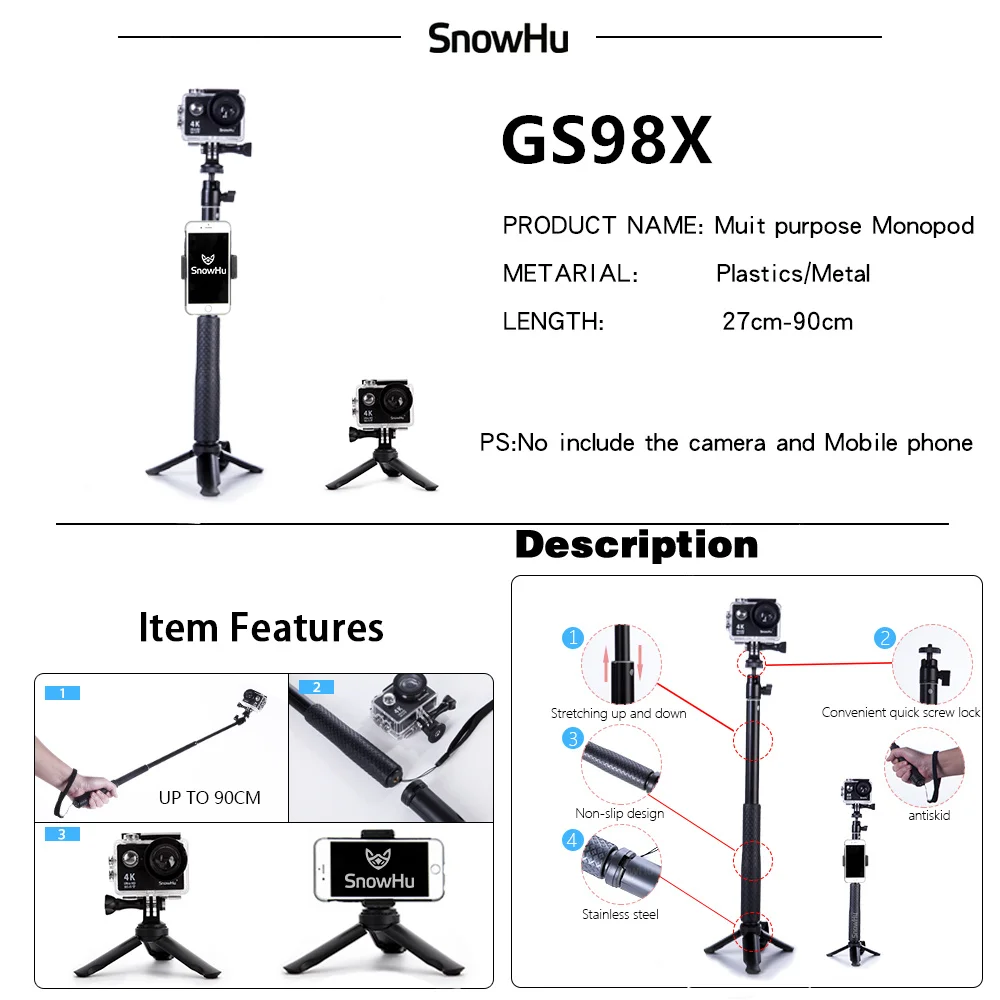 SnowHu для Gopro набор аксессуаров спортивной экшн камеры go pro hero 9 8 7 6 5 комплект 3 way selfie