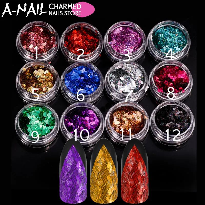 

12boxes/set Rhombus holographic Nail Sequins Paillette Glitter Nails 3d Stripe Slice DIY Design Decoration Fashion Accessories