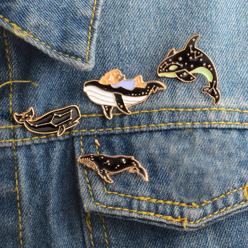 

4pcs/set Shark Whale Pins set Black Animal Brooch Cartoon Marine life Enamel pin Denim Jeans Shirt Bag Jewelry Brooches for Kids
