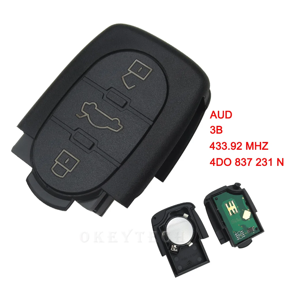 OKEYTECH FOR AUDI A2 A3 A4 A6 A8 TT 2002-2004 REMOTE CONTROL KEY 3 BUTTON 433MHZ 4D0837231N ID48 CHIP FLIP FOLDING CAR KEY  FOB