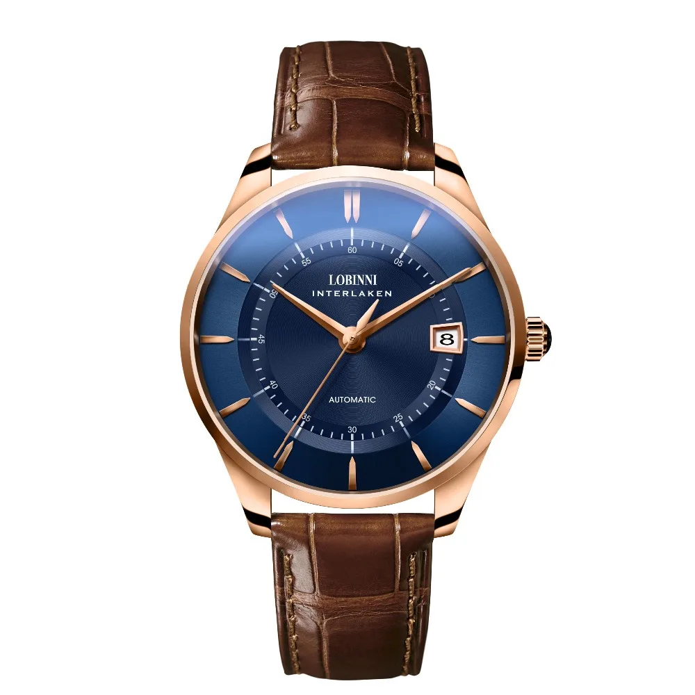  LOBINNI Mens 50M Waterproof Genuine Leather Strap Business Single Calendar Automatic Self-wind Mech