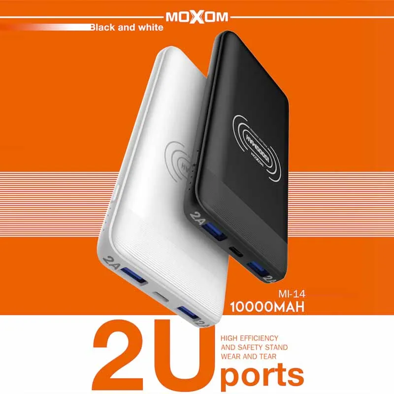 

MOXOM 10000mAh Power Bank Wireless External Battery Dual USB Portable Powerbank+2 in 1 Cable External Charger for Phone