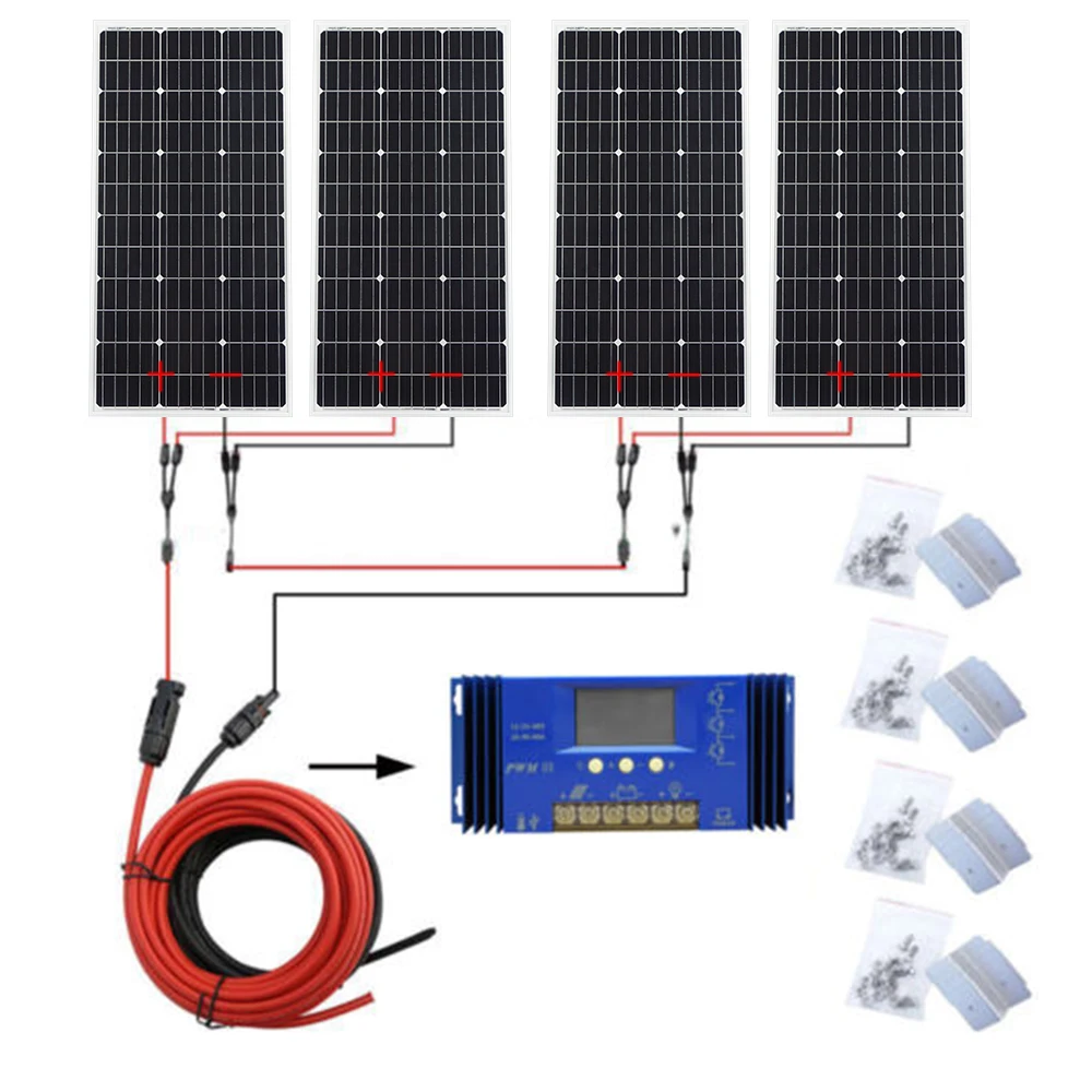 

ECOworthy 400W solar system: 4pcs 100W mono solar power panel & 60A controller& 5m black red cables Y MC4 charge FOR 12V battery