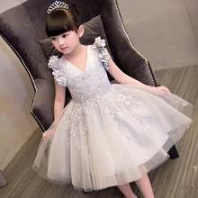 NEW 2017 Europea American Fashion Luxury Children Girls Embroidery Lace flowers Princess Dress Popular Beautiful V-collar Dress