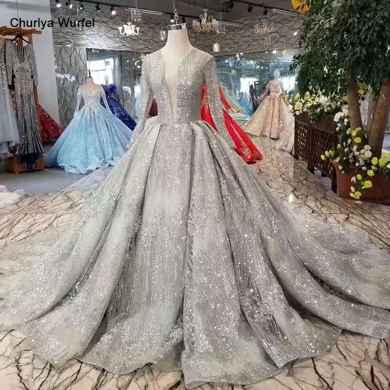

LSS406 shiny luxury evening dresses with glitter deep v-neck long sleeves party dresses long train ladies sparkly dress 2019