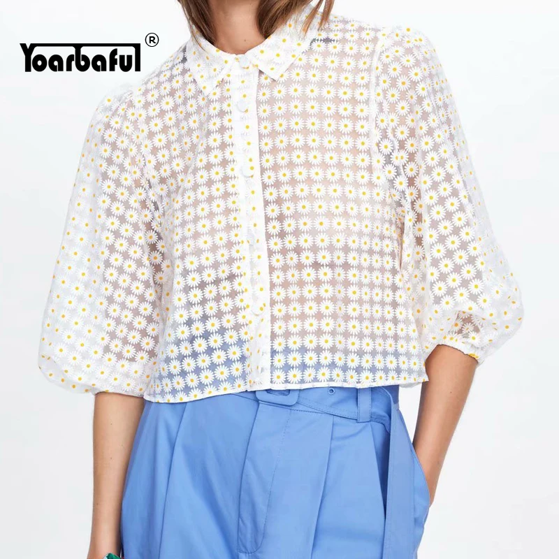 

2019 Sexy Transparent Shirts Daisy Printing Lantern Sleeve Elegant Tops Mesh Yarn Summer Short Shirts Cute Women