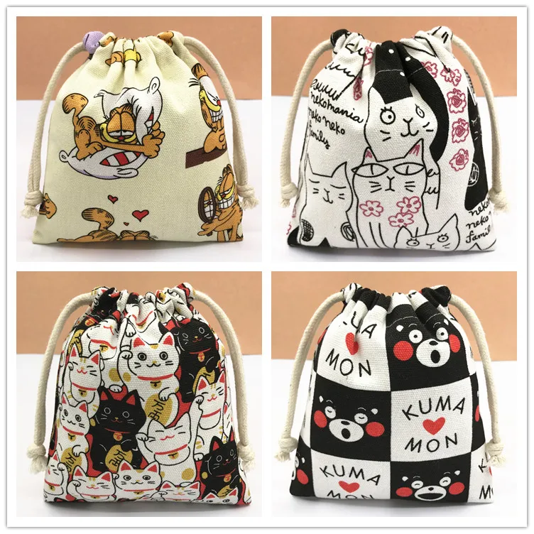 IVYYE 14 or 17CM Kumamon Doraemon Cartoon Drawstring Bags Canvas Storage Handbags Makeup Bag Coin Bundle