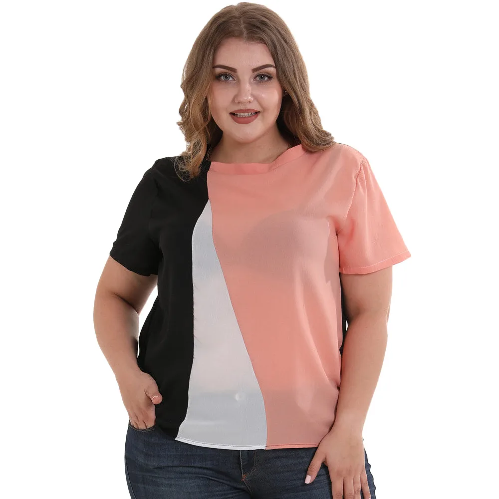 

Crew Neck Casual Women Plus Size Blouse Loose Chiffon short sleeve Patchwork Color Block Loose Tops Hot Dropshipping May 16