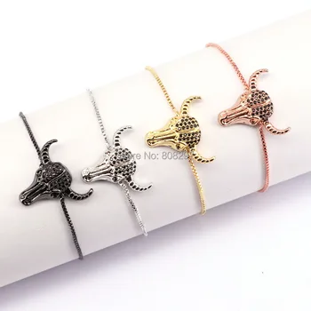 

10Pcs Micro Pave Black CZ Cattle Head shape Charms Connector With adjustable chain Bracelet Fashion Jewelry