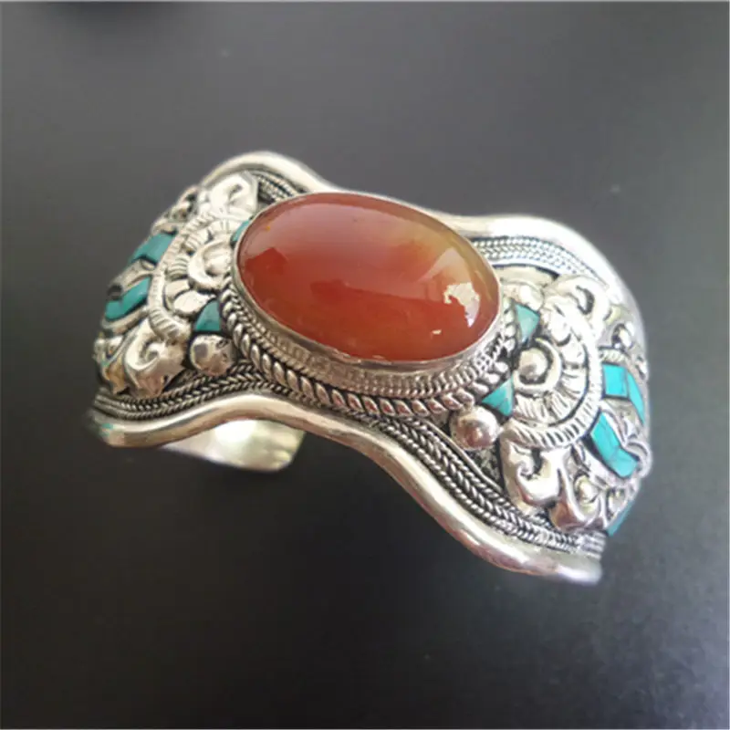 

BB-201 Tibetan Jewelry Fine Copper Inlay Natural Stone Bead Wide Open Cuff Carnelian Lapis Lazuli
