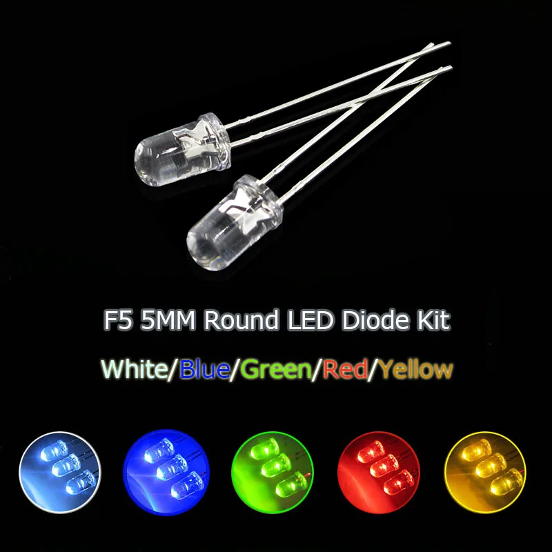 

5colors x 20=100pcs 5mm LED Diode Assorted Clear White Green Red Blue Yellow F5 electronic diy kit Light Emitting Diode Set 20mA