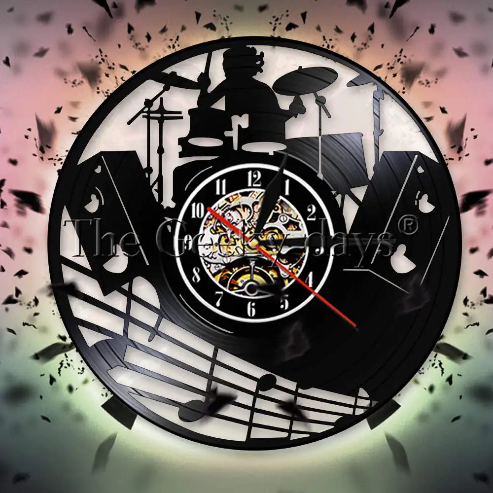 Drum Kit Wall Clock Music Band Drums Musical Instrument Vinyl Record