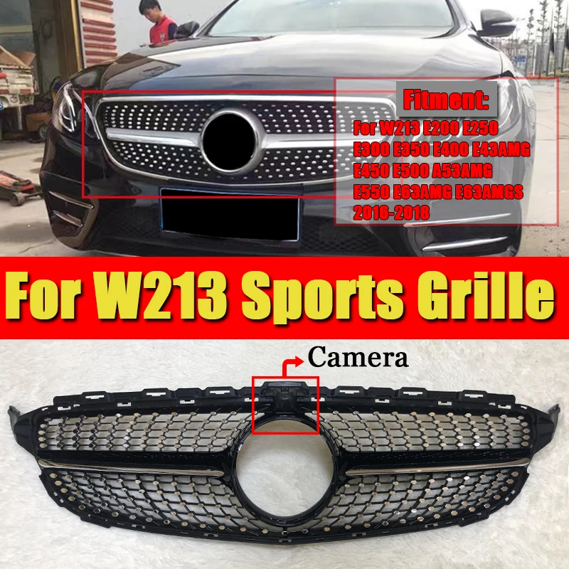  W213 E63 look Diamonds Grille ABS glossy Black With camera E class sports 4-doors E180 E200 E250 E3