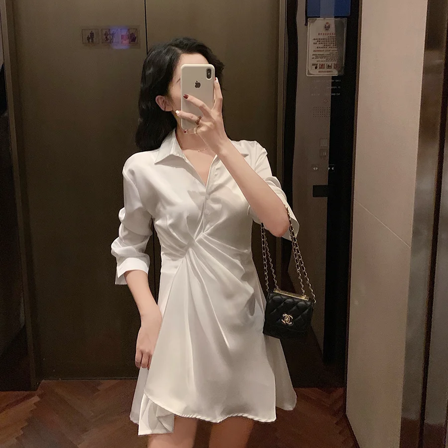 

Fashion new white slim satin chiffon dress