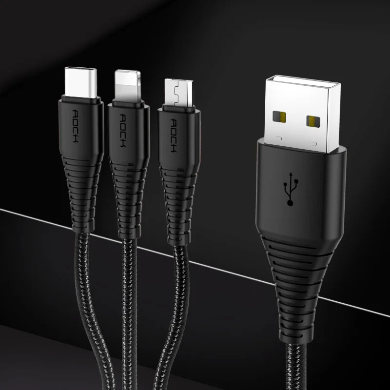 ROCK 3 в 1 usb type C Micro USB и зарядный кабель для iPhone, высокопрочный зарядный USB кабель для iPhone X 8 7 6 6 Plus - Цвет: Black 3 in 1