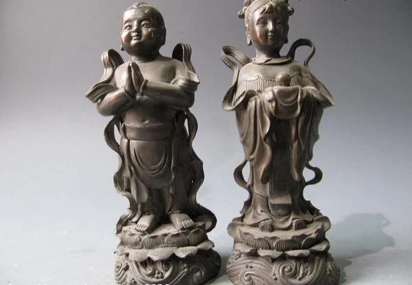

S1156 9"Chinese Pure Bronze Carved Boys with Girls pair Statue D0318