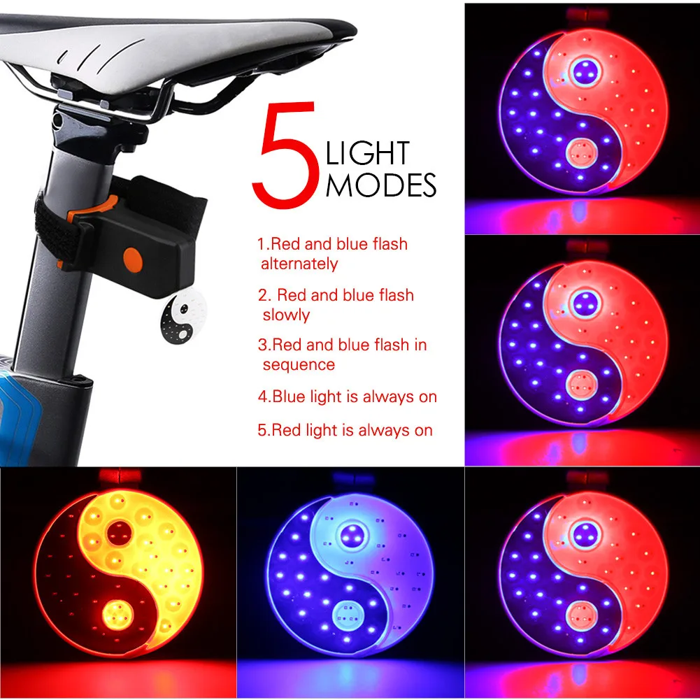 

China Tai Chi LED USB Rechargeable Bike Rear Tail Light Red+Blue 5 Modes Bicycle Safety Cycling Warning Flash Lamp Waterproof