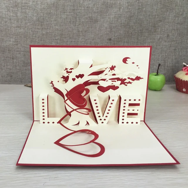 1pcs Heart & Tree Laser Cut Origami Paper 3D Pop UP Cards With "LOVE