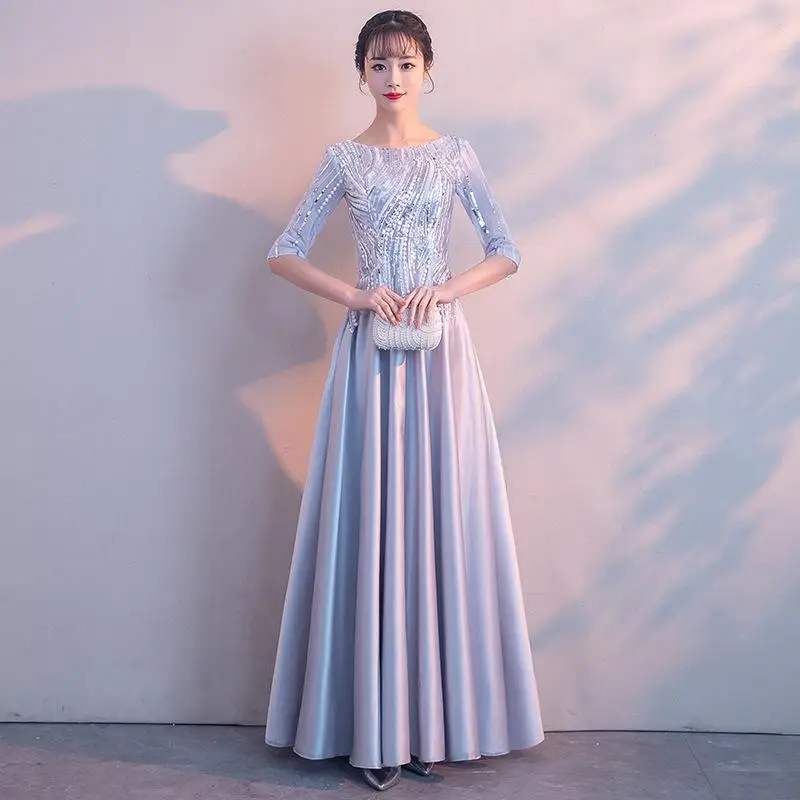 Элегантный благородный Свадебный костюм размера плюс 3XL, новинка, атласное тонкое женское платье Cheongsam для банкета, вечернее платье высокого качества - Цвет: Gray