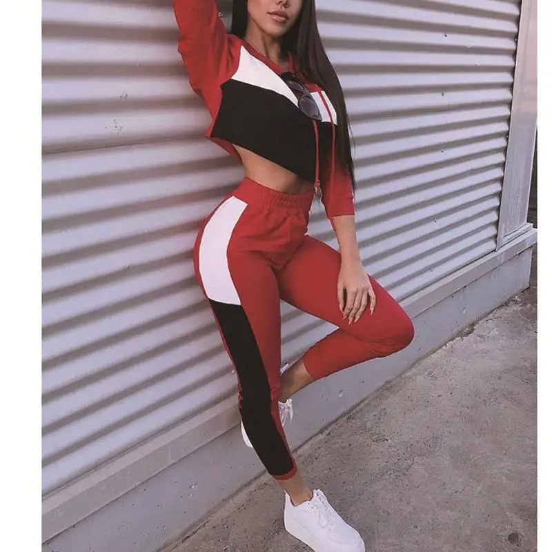

Hot ladies sexy color matching hooded Slim sports suit running fitness clothes