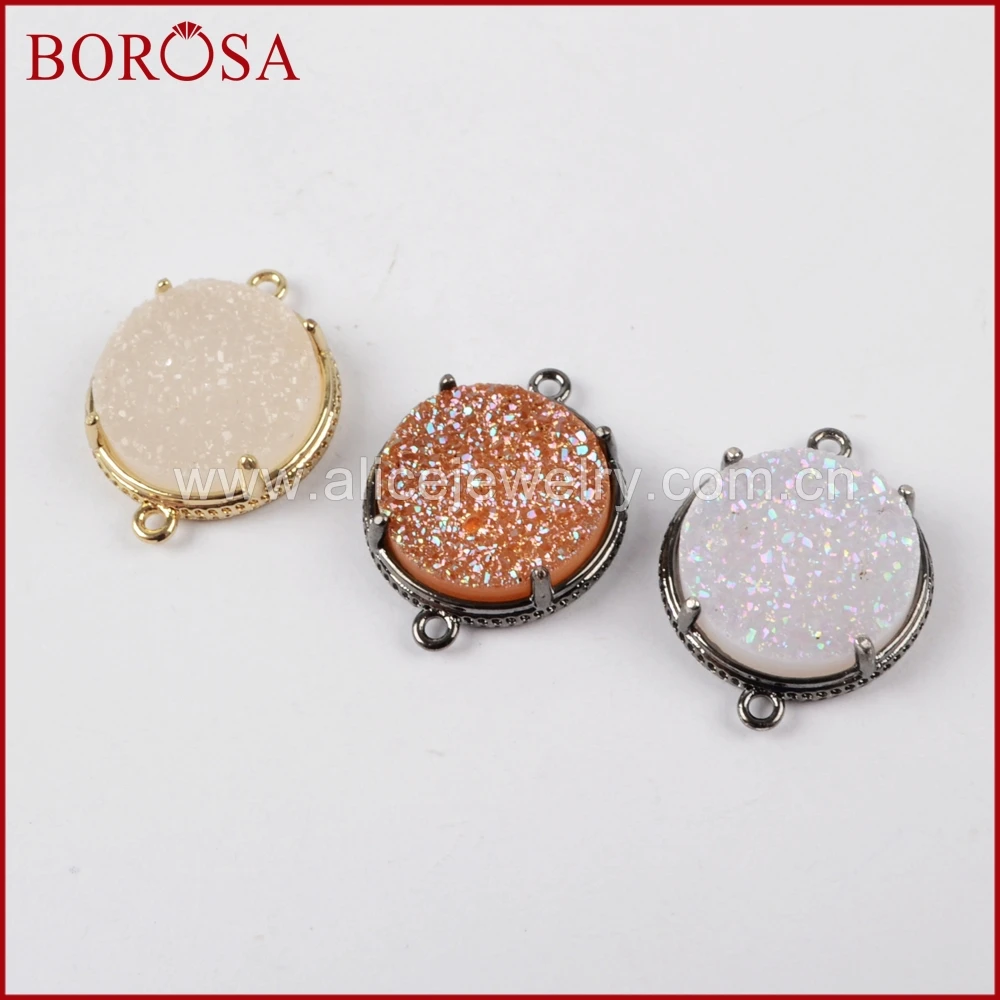 Borosa Drusy Кристалл Разъем для Для женщин 15 мм круглый Черное золото Цвет зубец Набор