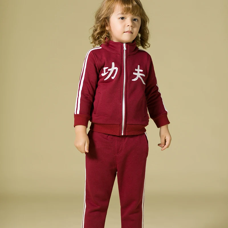 

Kungfu Letter Embroidery Kids Clothes Sport Children Clothing Set Zipper Stand Collar Girls Boys Sweatshirt Stripe Toddler Pants