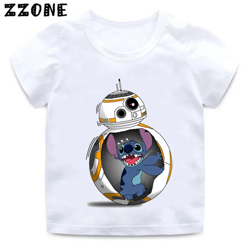 Футболка с принтом Стича и Лило/Пикачу/BB-8 для мальчиков и девочек, детская забавная одежда, Детская летняя белая футболка, HKP5218