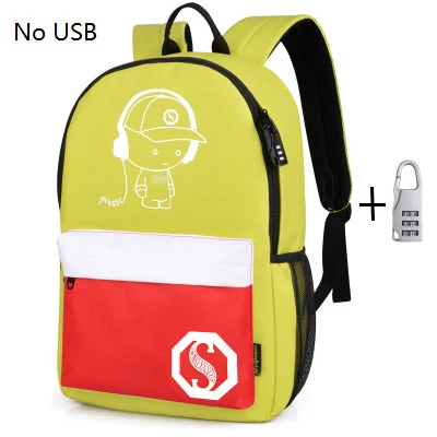 yellow white no USB Модные рюкзаки для студентов, светящиеся анимационные школьные сумки для мальчиков и девочек-подростков, USB зарядка для компьютера, противоугонная сумка для ноутбука - Цвет: yellow white no USB