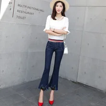 Женские облегающие джинсы большого размера с эластичной резинкой на талии, свежая красивая одежда со средней талией и брюки-клеш