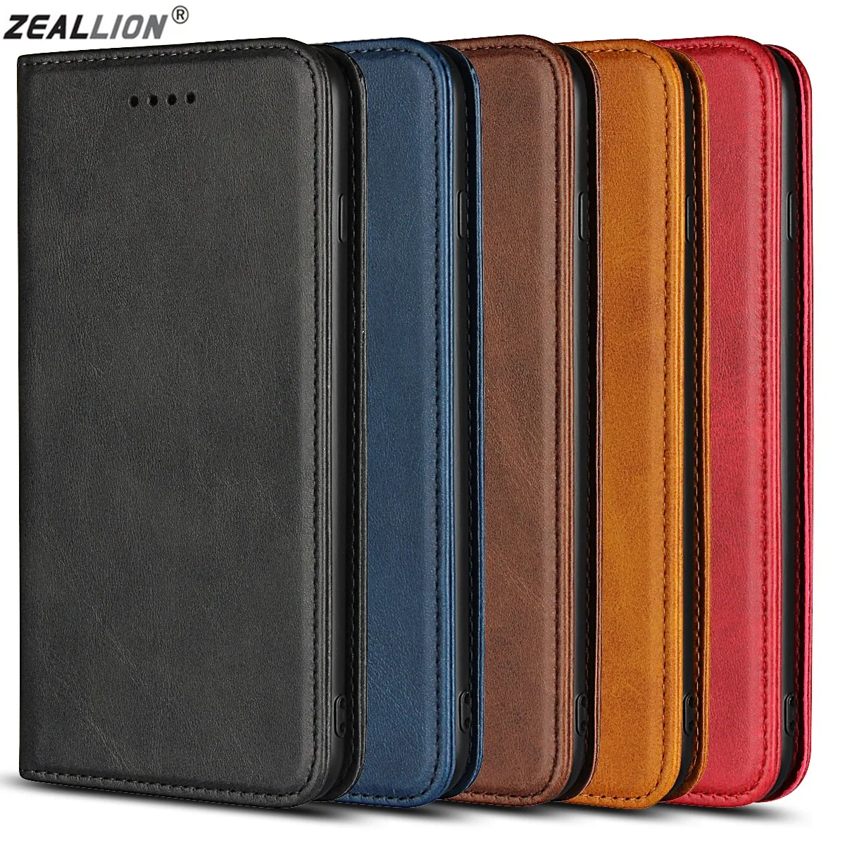 

ZEALLION For Apple iPhone X 6 6s 7 8 Plus Flip Calfskin Genuine Real Leather Magnetic Card Pocket Wallet Stand Phone Case