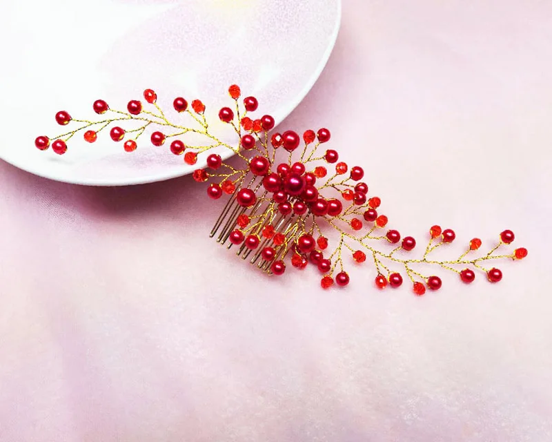 Великолепная красная повязка на голову в виде короны с цветами Тиара Свадебный золотой цвет головные уборы повязка для волос гребни невесты вечерние женские украшения для волос клипсы