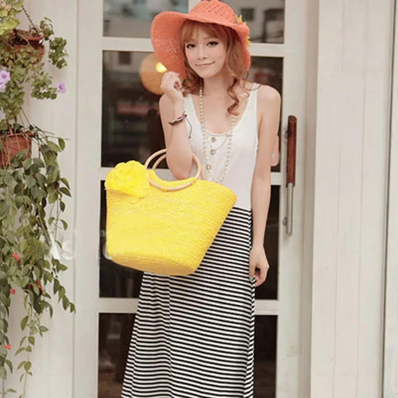 

Flower Summer Beach Bag Wheat Pole Weave Woman's Handbag Bohemian Lady's Straw Bags High Capacity Travel Totes. bolsas