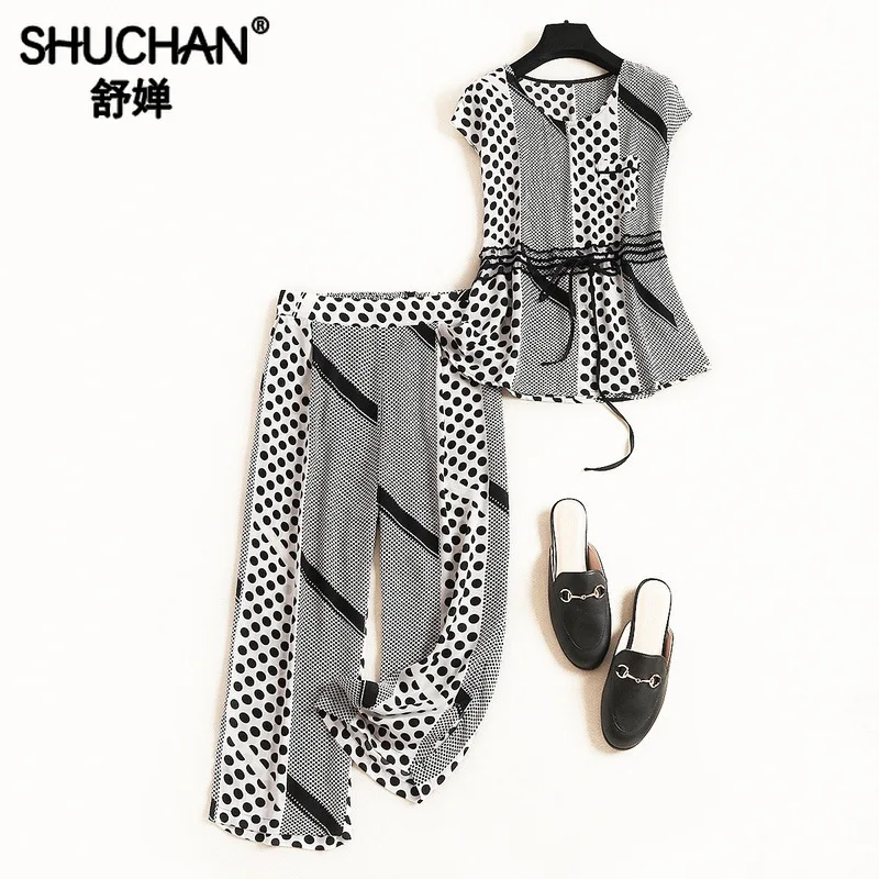 

Shuchan Fashion 2019 Designer 2 Pieces Set V-Neck Top+ Calf-Length Pants Office Lady 2 Piece Outfits for Women Suit New Summer