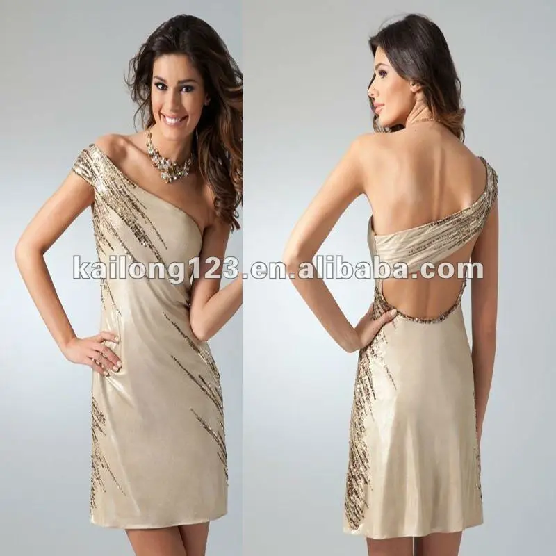 Stunning Strapless One shoulder Short A line Champagne Cocktail Dress