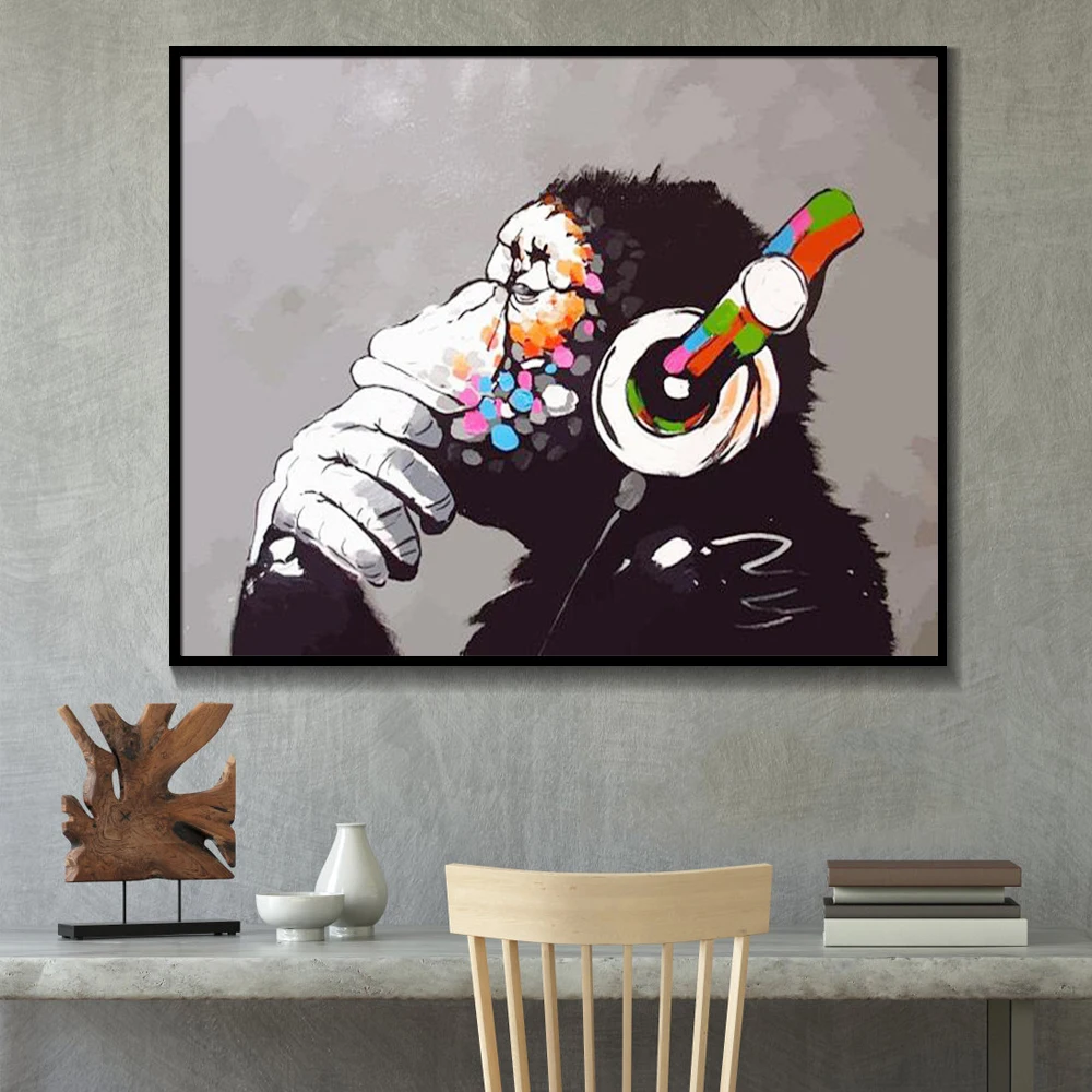 Обезьяна Бэнкси с наушниками настенное Искусство Печать на холсте красочные шимпанзе прослушивание музыки наушники печать уличное искусство Граффити