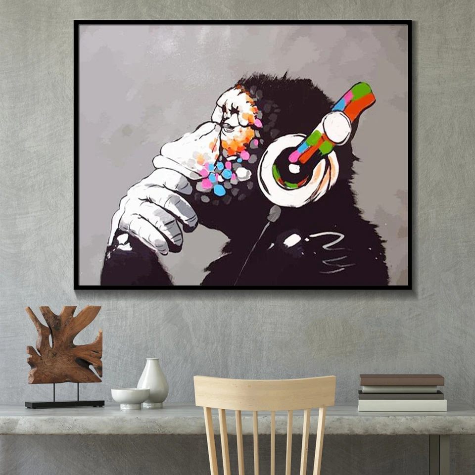 Banksy Monyet Dengan Headphone Dinding Art Warna Warni Simpanse Mendengarkan Musik Earphone Printing Street Art Graffiti Painting Calligraphy Aliexpress