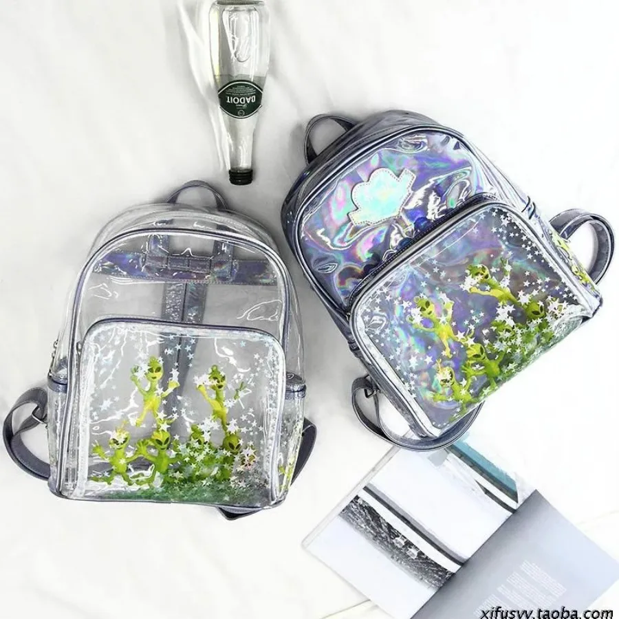 

Laser Sheer Star Alien Backpacks for Students Clear Transparent PVC Schoolbag for Girls Waterproof Casual Harajuku Women Bags