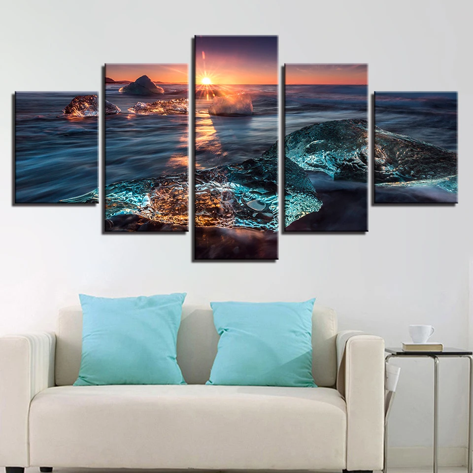 Canvas-Pictures-Home-Decor-HD-Prints-Posters-Living-Room-Framework-5-Pieces-Icing-Seascape-Sunrise-Ice