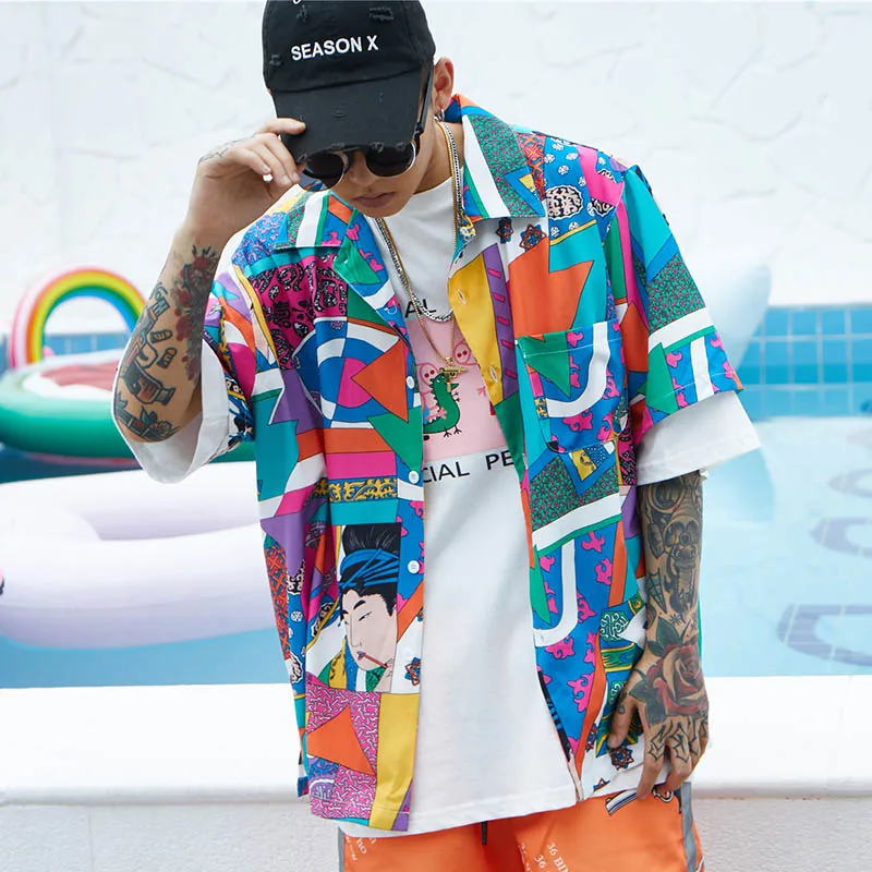 

Janpanese Streetwear Ukiyoe Print Short Sleeve Shirt Men Hip Hop Casual Harajuku Hawaiian Shirts Summer Chemise Homme Brand