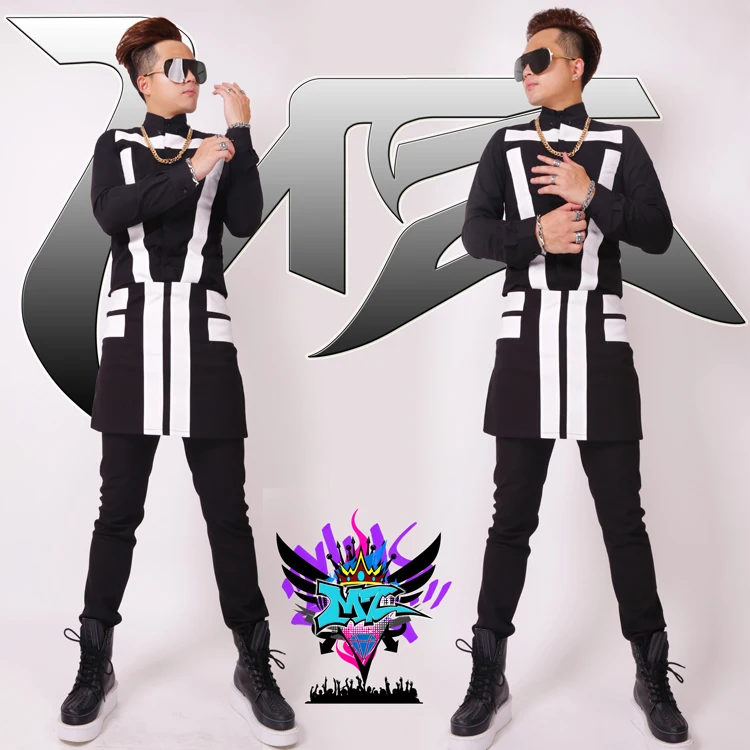 

S-4XL 2019 Men fashion new singer DJ club exobiology spell slim shirt black and white apron mens trousers costumes formal dress