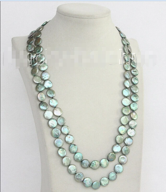 

Free shipping@@@@@ length 48" 12mm coin fastener green freshwater pearls necklace j10387