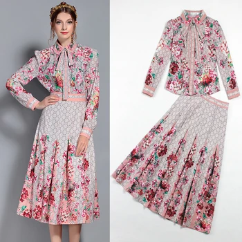 

Runway Women Suits 2020 Spring Autumn 2 Piece Set Vintage High Quality Floral Printed Long Sleeve Blouse + Pleated Skirt Outfits