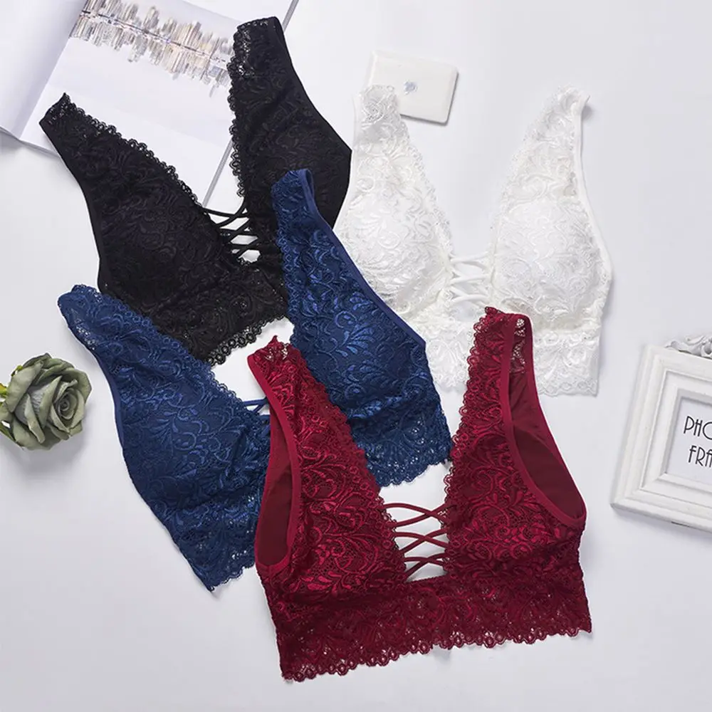 Wide Strap Lace Bralette Padded Bras Deep V Stretch Sleeping Brassiere