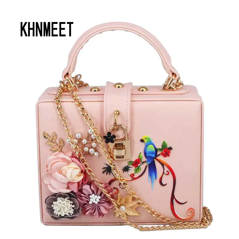 

Fashion Box Shape Pink Pu Colorful Bird Chain Women Handbags Flower Flap Bag Ladies Messenger Bag Mini Tote Shoulder Bag