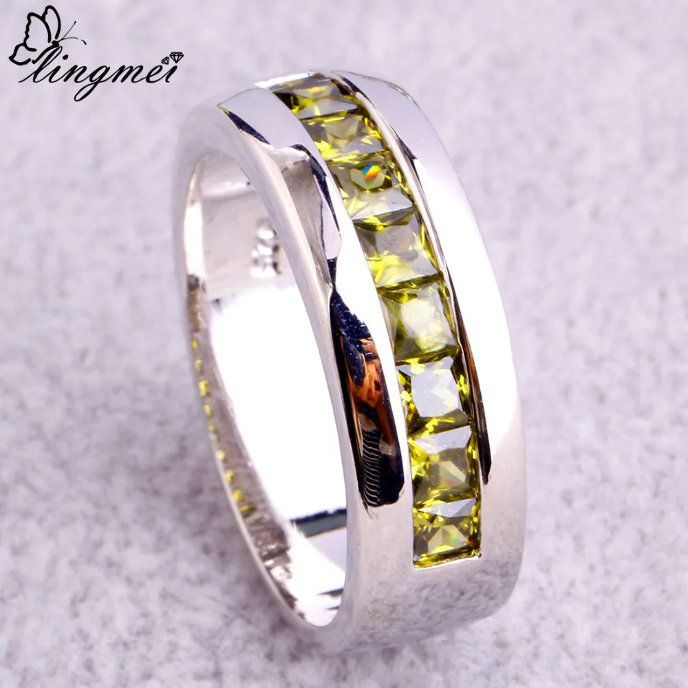 lingmei Wholesale Fashion Unisex Jewelry Princess PeridotSilver Color Ring Size 7 8 9 10 For Women Men Party Rings Free Shipping|ring size|silver