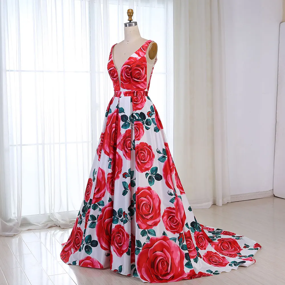 Красное вечернее платье с цветочным узором, модель, длинное платье с v-образным вырезом, цветное платье для выпускного вечера, вечернее платье Abendkleider Vestido robe de soiree